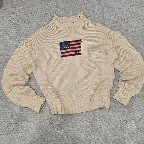 Vintage Polo Sport 90s Ralph Lauren Cream Sweater with American Flag, Size M - Picture 2 of 4
